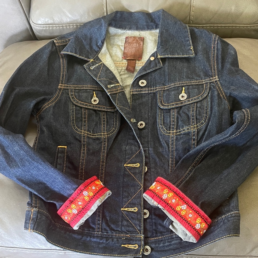 Lucky Brand Indigo Denim Jacket with Red Stitching & Tan Topstitch